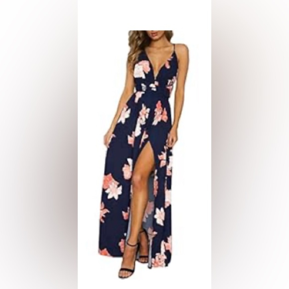 Women's Deep V Neck Backless Floral Print Split Maxi Dress